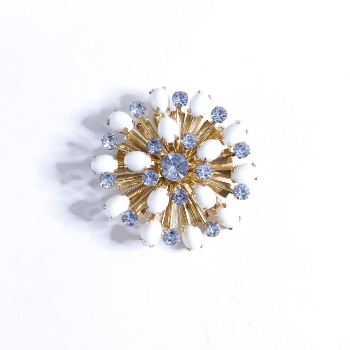 Vintage Milk Glass and Blue Rhinestone Pinwheel Brooch by Unsigned Beauty - Vintage Meet Modern Vintage Jewelry - Chicago, Illinois - #oldhollywoodglamour #vintagemeetmodern #designervintage #jewelrybox #antiquejewelry #vintagejewelry