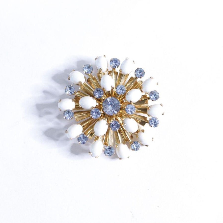 Vintage Milk Glass and Blue Rhinestone Pinwheel Brooch by Unsigned Beauty - Vintage Meet Modern Vintage Jewelry - Chicago, Illinois - #oldhollywoodglamour #vintagemeetmodern #designervintage #jewelrybox #antiquejewelry #vintagejewelry