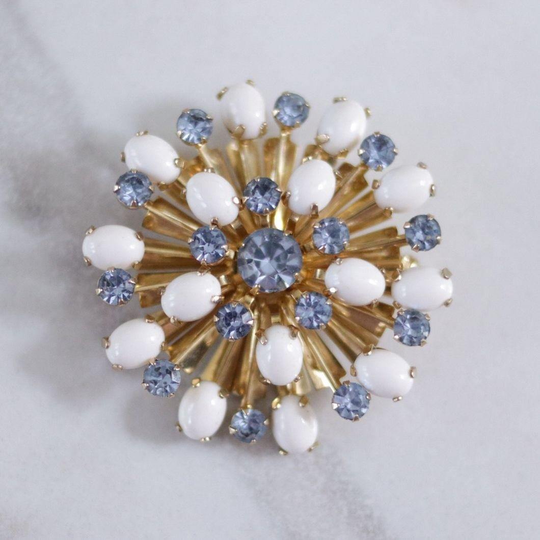 Vintage Milk Glass and Blue Rhinestone Pinwheel Brooch by Unsigned Beauty - Vintage Meet Modern Vintage Jewelry - Chicago, Illinois - #oldhollywoodglamour #vintagemeetmodern #designervintage #jewelrybox #antiquejewelry #vintagejewelry