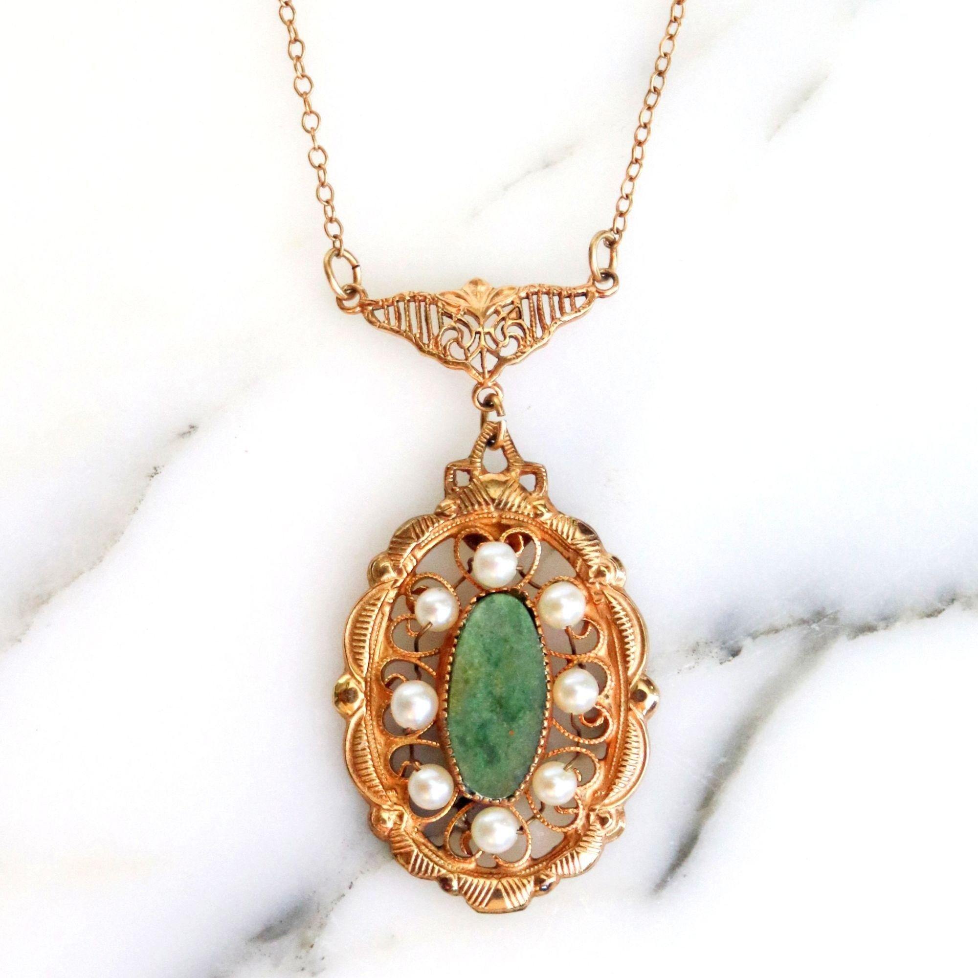 Vintage Gold Filled Jade and Seed Pearl Necklace by 1/20 12kt Gold Filled - Vintage Meet Modern Vintage Jewelry - Chicago, Illinois - #oldhollywoodglamour #vintagemeetmodern #designervintage #jewelrybox #antiquejewelry #vintagejewelry