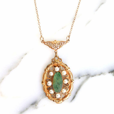 Vintage Gold Filled Jade and Seed Pearl Necklace by 1/20 12kt Gold Filled - Vintage Meet Modern Vintage Jewelry - Chicago, Illinois - #oldhollywoodglamour #vintagemeetmodern #designervintage #jewelrybox #antiquejewelry #vintagejewelry