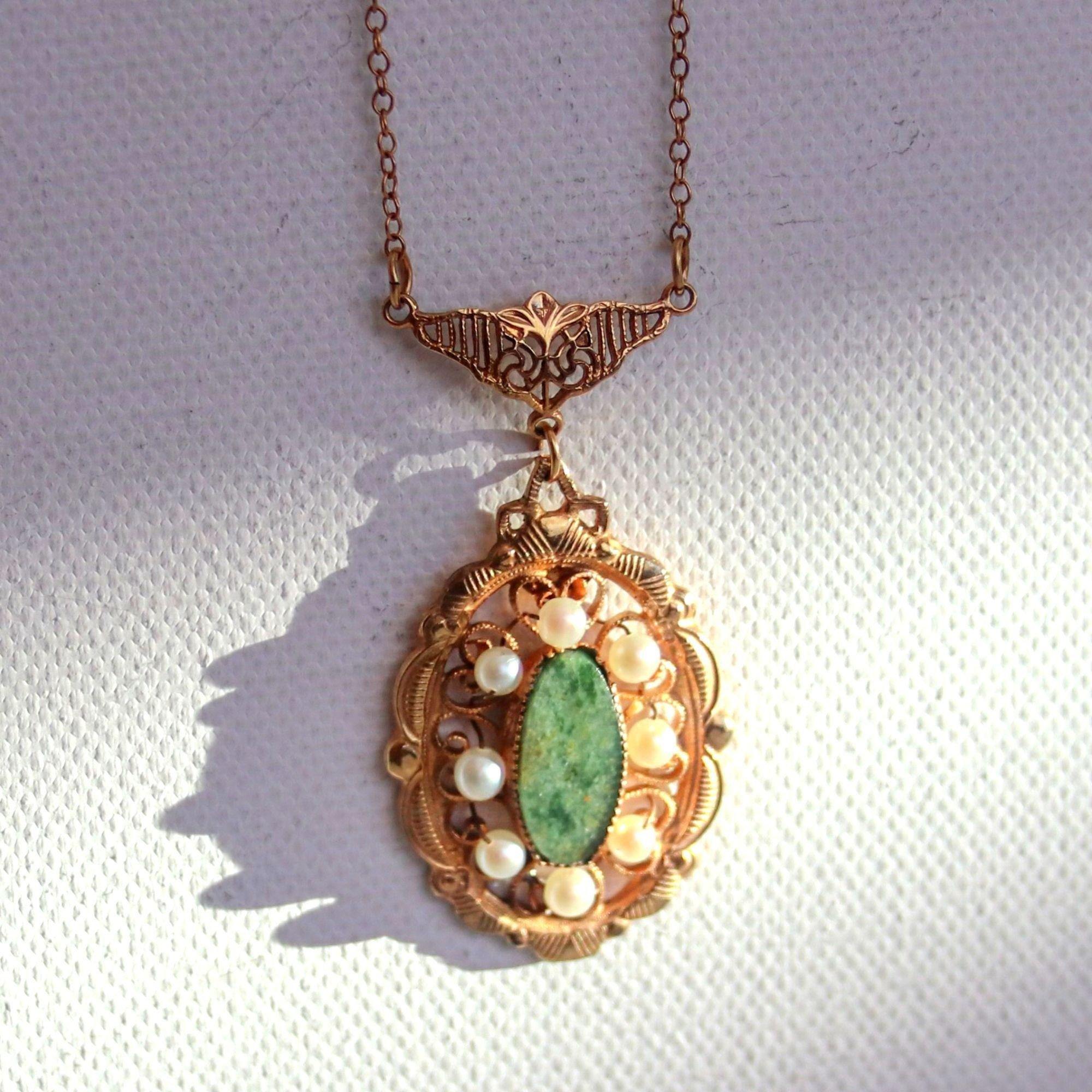 Vintage Gold Filled Jade and Seed Pearl Necklace by 1/20 12kt Gold Filled - Vintage Meet Modern Vintage Jewelry - Chicago, Illinois - #oldhollywoodglamour #vintagemeetmodern #designervintage #jewelrybox #antiquejewelry #vintagejewelry