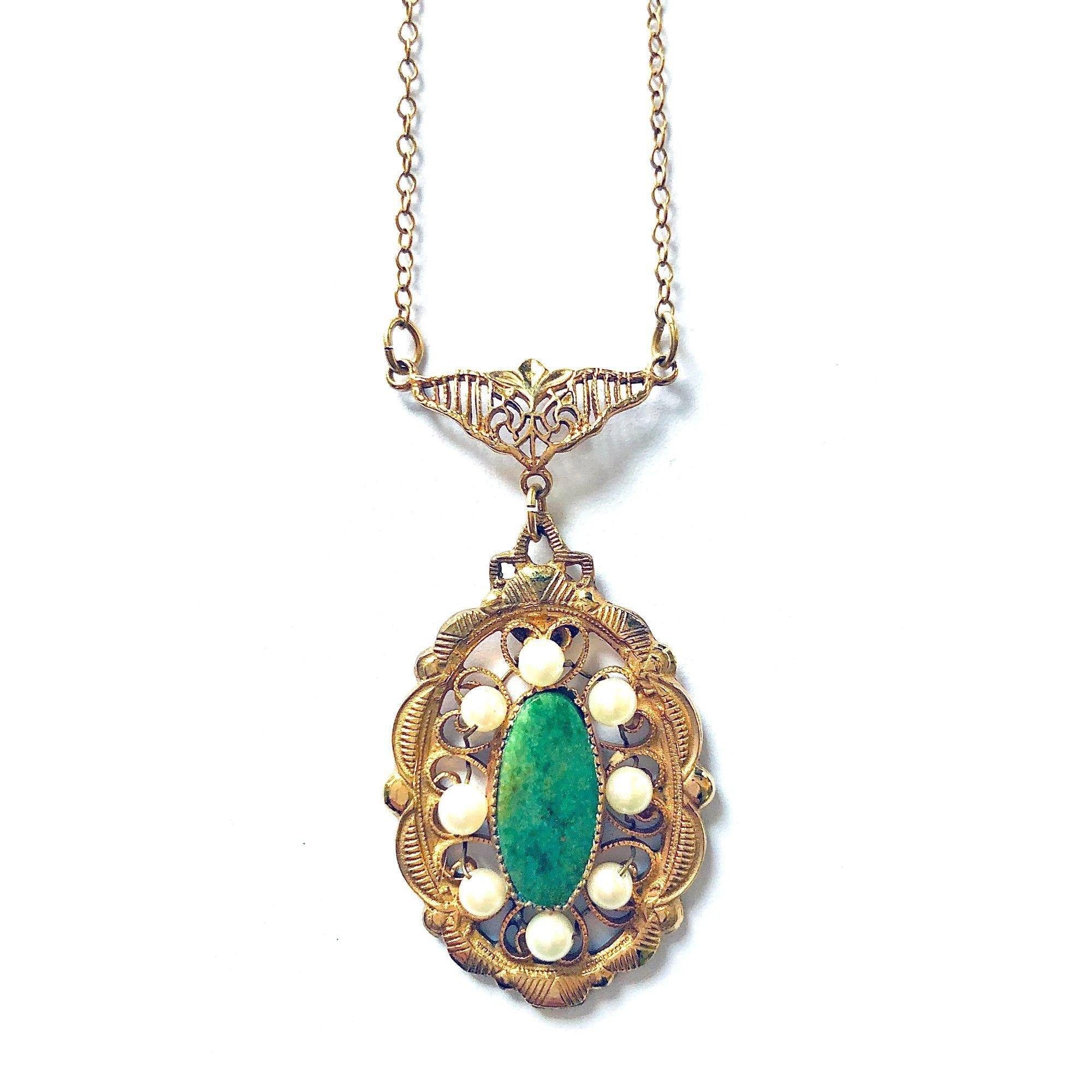 Vintage Gold Filled Jade and Seed Pearl Necklace by 1/20 12kt Gold Filled - Vintage Meet Modern Vintage Jewelry - Chicago, Illinois - #oldhollywoodglamour #vintagemeetmodern #designervintage #jewelrybox #antiquejewelry #vintagejewelry