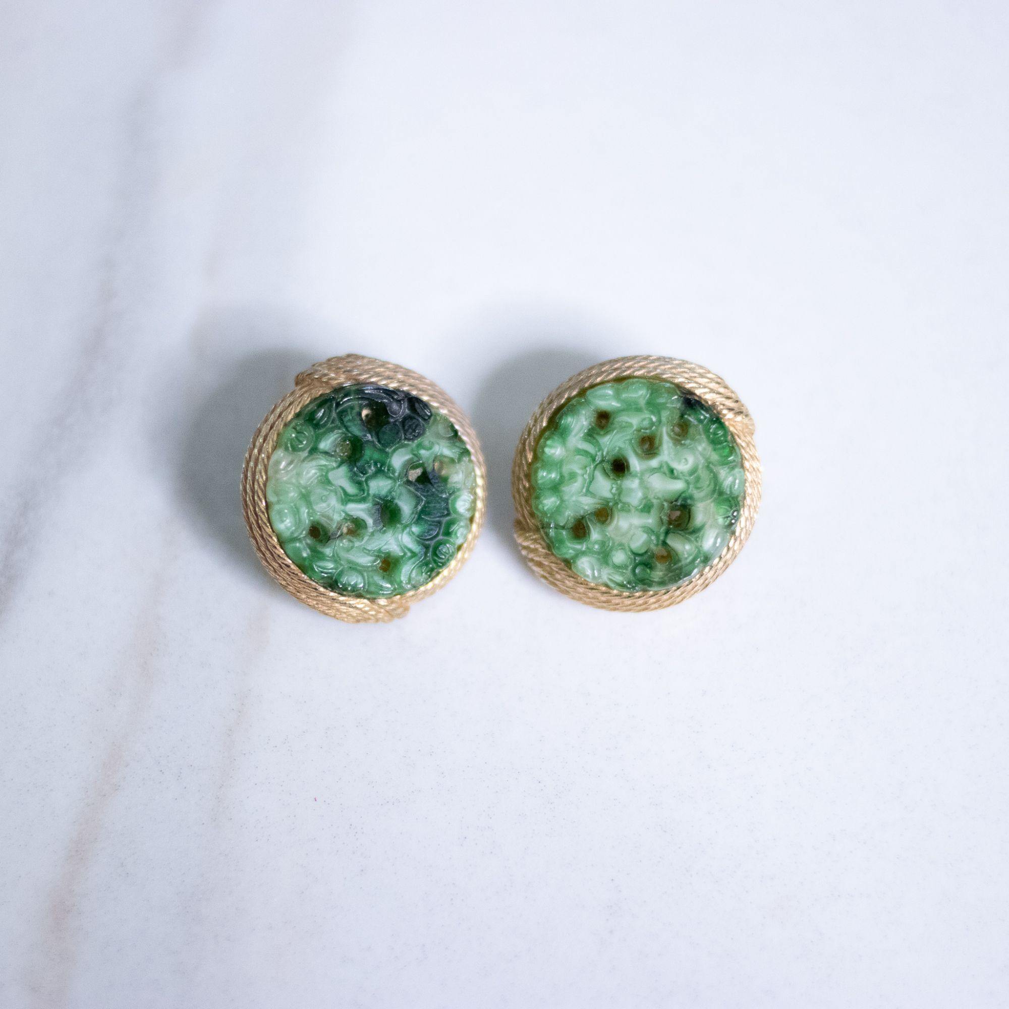 Vintage Ciner Carved Jade Glass Earrings by Ciner - Vintage Meet Modern Vintage Jewelry - Chicago, Illinois - #oldhollywoodglamour #vintagemeetmodern #designervintage #jewelrybox #antiquejewelry #vintagejewelry