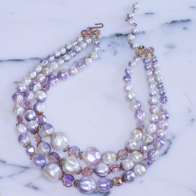 Vintage Amethyst Bead and Crystal Triple Strand Bead Necklace by Unsigned Beauty - Vintage Meet Modern Vintage Jewelry - Chicago, Illinois - #oldhollywoodglamour #vintagemeetmodern #designervintage #jewelrybox #antiquejewelry #vintagejewelry