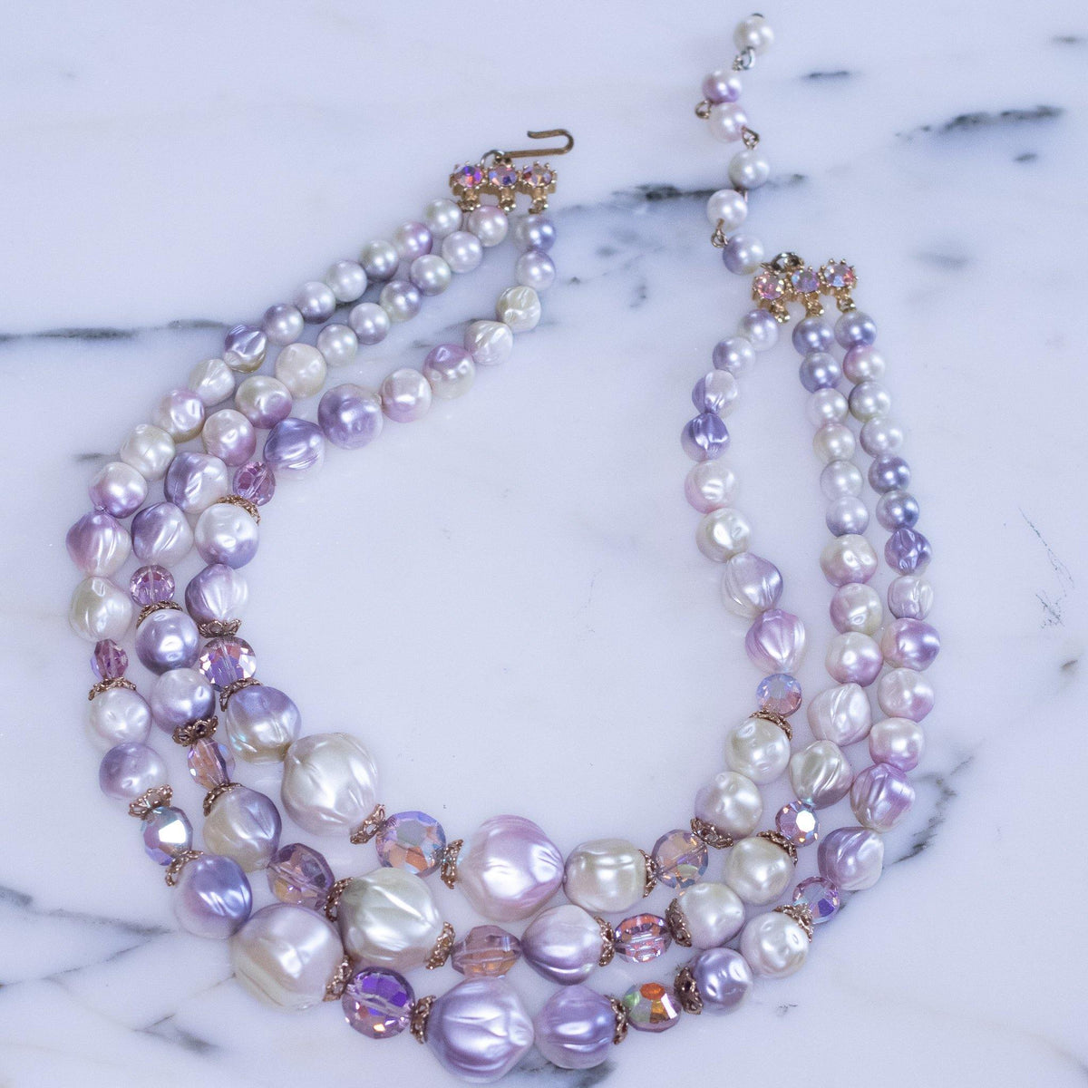 Vintage Amethyst Bead and Crystal Triple Strand Bead Necklace