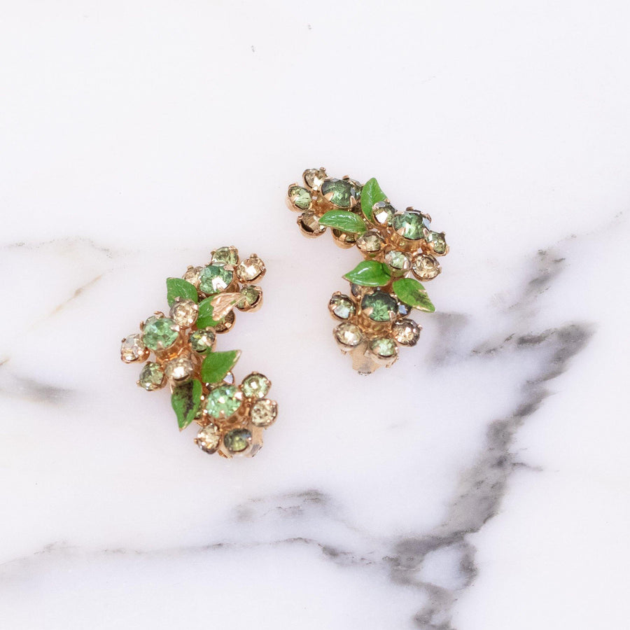 Vintage Weiss Green Flower with Green Rhinestone Earrings by Weiss - Vintage Meet Modern Vintage Jewelry - Chicago, Illinois - #oldhollywoodglamour #vintagemeetmodern #designervintage #jewelrybox #antiquejewelry #vintagejewelry