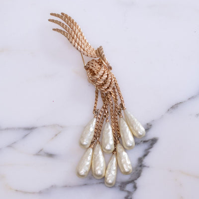 Vintage Gold Brooch with Pearl Cascade Tassel by Unsigned - Vintage Meet Modern Vintage Jewelry - Chicago, Illinois - #oldhollywoodglamour #vintagemeetmodern #designervintage #jewelrybox #antiquejewelry #vintagejewelry