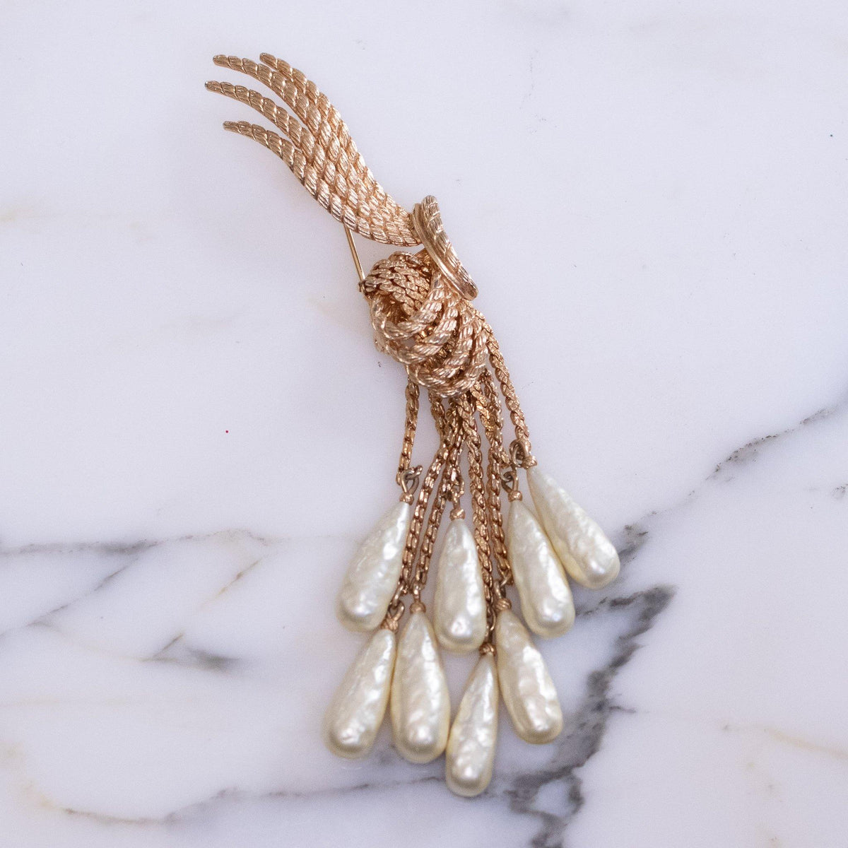Vintage Gold Brooch with Pearl Cascade Tassel