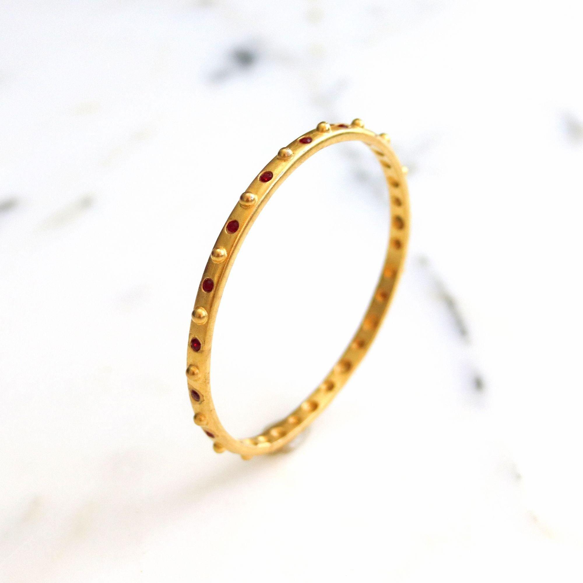 Vintage Brushed Gold Bead and Ruby Crystal Bangle Bracelet by Unsigned Beauty - Vintage Meet Modern Vintage Jewelry - Chicago, Illinois - #oldhollywoodglamour #vintagemeetmodern #designervintage #jewelrybox #antiquejewelry #vintagejewelry