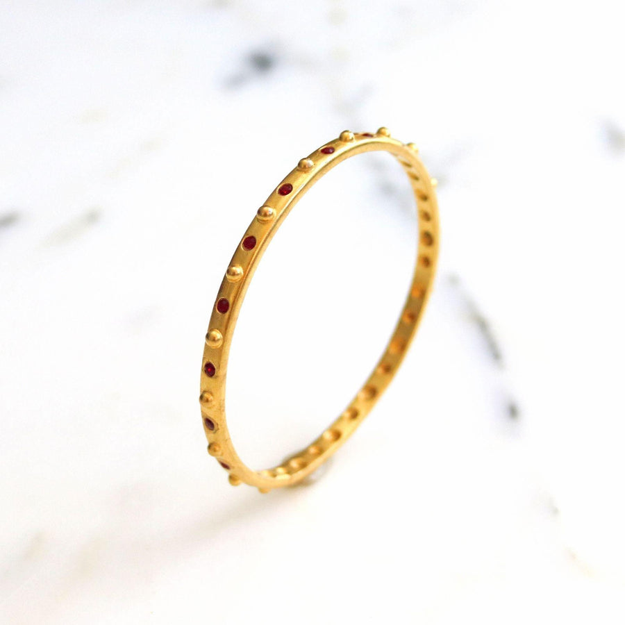 Vintage Brushed Gold Bead and Ruby Crystal Bangle Bracelet by Unsigned Beauty - Vintage Meet Modern Vintage Jewelry - Chicago, Illinois - #oldhollywoodglamour #vintagemeetmodern #designervintage #jewelrybox #antiquejewelry #vintagejewelry