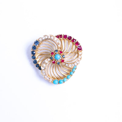 Vintage Ciner Flower Brooch with Turquoise, Ruby, and Diamante Crystals by Ciner - Vintage Meet Modern Vintage Jewelry - Chicago, Illinois - #oldhollywoodglamour #vintagemeetmodern #designervintage #jewelrybox #antiquejewelry #vintagejewelry