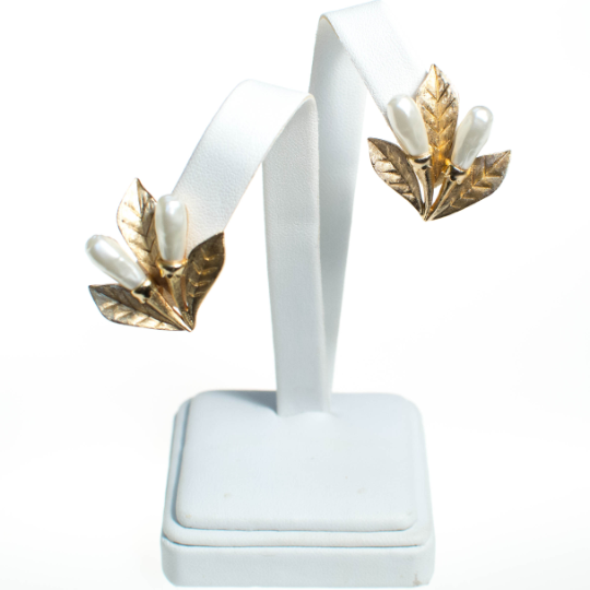 Gold Trifari Cattail Earrings, Gold with Faux Pearl by Trifari - Vintage Meet Modern Vintage Jewelry - Chicago, Illinois - #oldhollywoodglamour #vintagemeetmodern #designervintage #jewelrybox #antiquejewelry #vintagejewelry