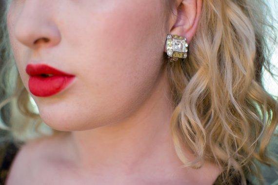 Vintage Joan Rivers Yellow Diamond and Diamante Statement Earrings by Joan Rivers - Vintage Meet Modern Vintage Jewelry - Chicago, Illinois - #oldhollywoodglamour #vintagemeetmodern #designervintage #jewelrybox #antiquejewelry #vintagejewelry