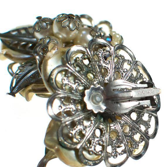 Vintage Silver Tone Large Lily of the Valley Flower Statement Earrings, Lucite Leaves, Faux Pearls, Clip-on by 1950s - Vintage Meet Modern Vintage Jewelry - Chicago, Illinois - #oldhollywoodglamour #vintagemeetmodern #designervintage #jewelrybox #antiquejewelry #vintagejewelry