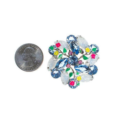 Vintage Blue Rhinestone Brooch with Colorful Enamel Flower Accents Pressed Glass Rhinestone Leaves by 1950s - Vintage Meet Modern Vintage Jewelry - Chicago, Illinois - #oldhollywoodglamour #vintagemeetmodern #designervintage #jewelrybox #antiquejewelry #vintagejewelry