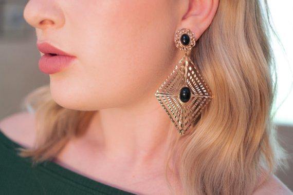 Vintage Large Gold and Black Geometric Diamond Shape Statement Earrings by 1970s - Vintage Meet Modern Vintage Jewelry - Chicago, Illinois - #oldhollywoodglamour #vintagemeetmodern #designervintage #jewelrybox #antiquejewelry #vintagejewelry