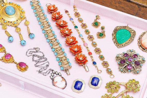 Vintage Jade Glass and Gold Filigree Dangling Pierced Statement Earrings Victorian Revival by 1960s - Vintage Meet Modern Vintage Jewelry - Chicago, Illinois - #oldhollywoodglamour #vintagemeetmodern #designervintage #jewelrybox #antiquejewelry #vintagejewelry