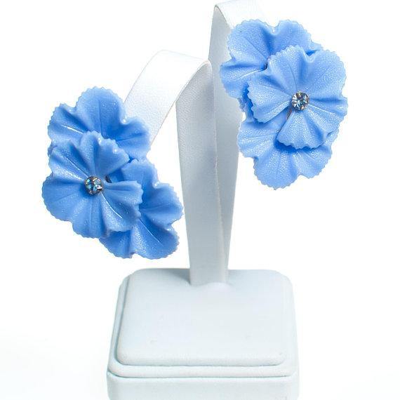Blue Lucite Flower Clip On Earrings with Pale Blue Rhinestone by 1950s - Vintage Meet Modern Vintage Jewelry - Chicago, Illinois - #oldhollywoodglamour #vintagemeetmodern #designervintage #jewelrybox #antiquejewelry #vintagejewelry