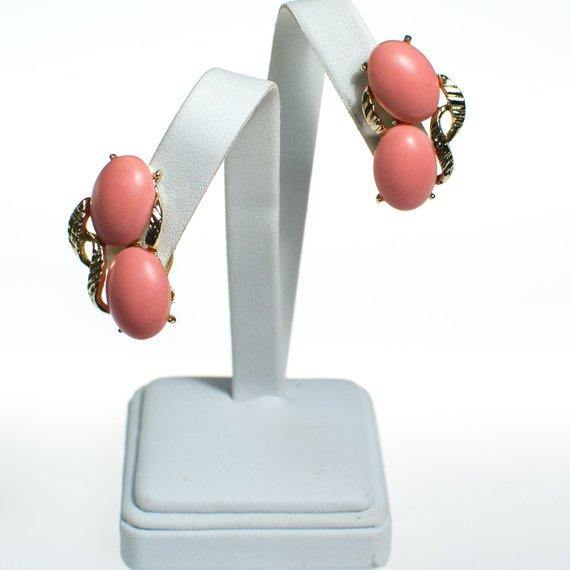 Vintage Blush Pink Lucite Statement Earrings, Gold Tone, Clip-on by 1950s - Vintage Meet Modern Vintage Jewelry - Chicago, Illinois - #oldhollywoodglamour #vintagemeetmodern #designervintage #jewelrybox #antiquejewelry #vintagejewelry