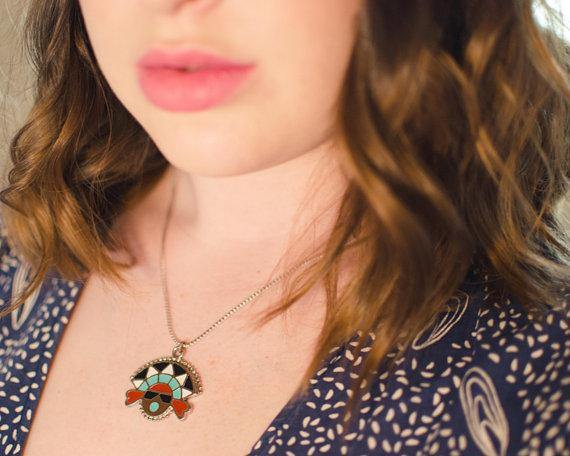 Vintage Zuni Mask Man Painted Enamel Pendant Necklace by Zuni - Vintage Meet Modern Vintage Jewelry - Chicago, Illinois - #oldhollywoodglamour #vintagemeetmodern #designervintage #jewelrybox #antiquejewelry #vintagejewelry