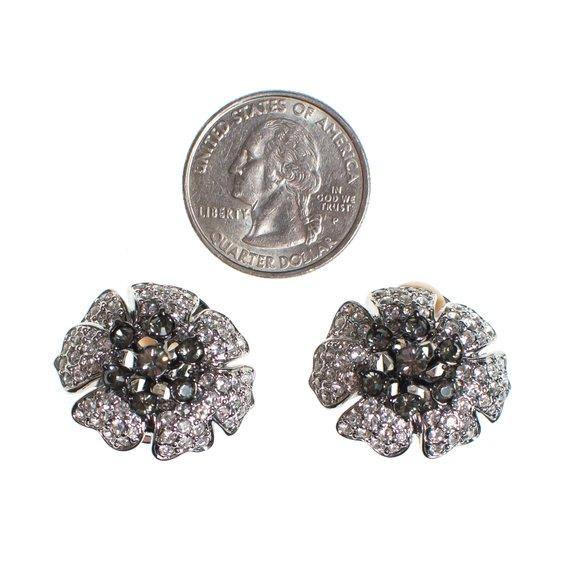 Vintage Nolan Miller Black Diamond and Diamante Crystal Camelia Statement Earrings, Clip On by Nolan Miller - Vintage Meet Modern Vintage Jewelry - Chicago, Illinois - #oldhollywoodglamour #vintagemeetmodern #designervintage #jewelrybox #antiquejewelry #vintagejewelry