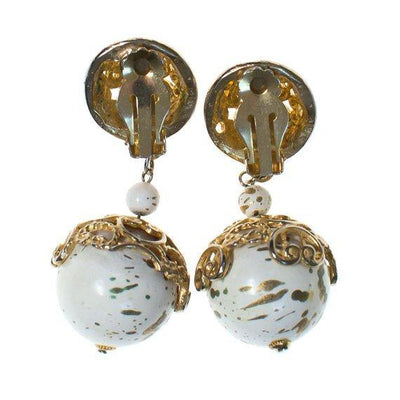Vintage 1980s White and Gold Speckled Bead Drop Statement Earrings, Clip On by 1980s - Vintage Meet Modern Vintage Jewelry - Chicago, Illinois - #oldhollywoodglamour #vintagemeetmodern #designervintage #jewelrybox #antiquejewelry #vintagejewelry