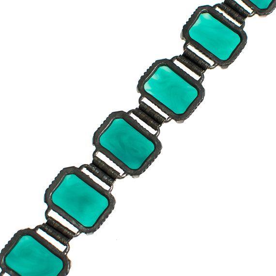Vintage Faux Jade Glass Cabochon Panel Bracelet Book Chain Setting in Antique Silver Tone by 1950s - Vintage Meet Modern Vintage Jewelry - Chicago, Illinois - #oldhollywoodglamour #vintagemeetmodern #designervintage #jewelrybox #antiquejewelry #vintagejewelry