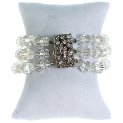 Vintage Triple Strand Faceted Crystal Beaded Bracelet with Silver Paste Rhinestone Clasp by 1950s - Vintage Meet Modern Vintage Jewelry - Chicago, Illinois - #oldhollywoodglamour #vintagemeetmodern #designervintage #jewelrybox #antiquejewelry #vintagejewelry