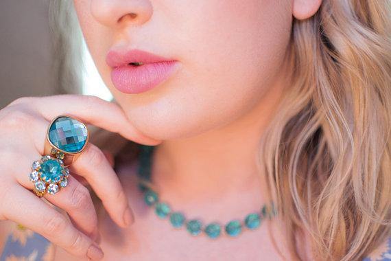 Vintage 1960's Blue Crystal Cocktail Ring, Adjustable Band by 1960s - Vintage Meet Modern Vintage Jewelry - Chicago, Illinois - #oldhollywoodglamour #vintagemeetmodern #designervintage #jewelrybox #antiquejewelry #vintagejewelry