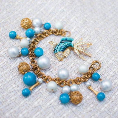 Vintage Gold Tone Charm Bracelet with White Pearl and Turquoise Beads, Multi-link Chain, Gold Tone Beads by 1960s - Vintage Meet Modern Vintage Jewelry - Chicago, Illinois - #oldhollywoodglamour #vintagemeetmodern #designervintage #jewelrybox #antiquejewelry #vintagejewelry