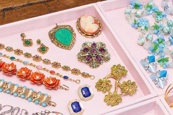 Vintage 1940s Gold Gilt Filigree Asian Influence Brooch Pendant with Faux Jade Carved Floral Relief by 1940s - Vintage Meet Modern Vintage Jewelry - Chicago, Illinois - #oldhollywoodglamour #vintagemeetmodern #designervintage #jewelrybox #antiquejewelry #vintagejewelry