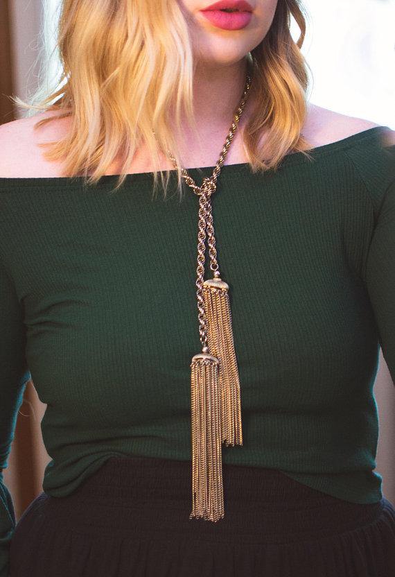 Vintage Gold Tone Lariate Tassel Necklace by 1960s - Vintage Meet Modern Vintage Jewelry - Chicago, Illinois - #oldhollywoodglamour #vintagemeetmodern #designervintage #jewelrybox #antiquejewelry #vintagejewelry