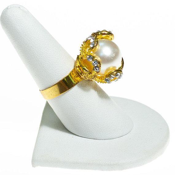 Vintage Faux Pearl and Rhinestones Statement Cocktail Ring, Adjustable by 1960s - Vintage Meet Modern Vintage Jewelry - Chicago, Illinois - #oldhollywoodglamour #vintagemeetmodern #designervintage #jewelrybox #antiquejewelry #vintagejewelry