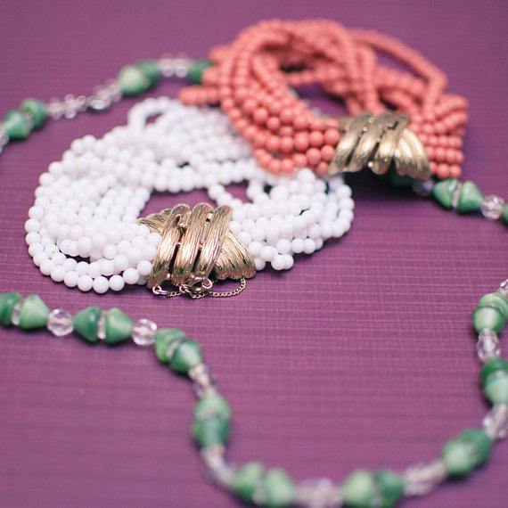 Vintage Ciner White Multi Strand Beaded Bracelet with Gold Clasp by 1970s - Vintage Meet Modern Vintage Jewelry - Chicago, Illinois - #oldhollywoodglamour #vintagemeetmodern #designervintage #jewelrybox #antiquejewelry #vintagejewelry