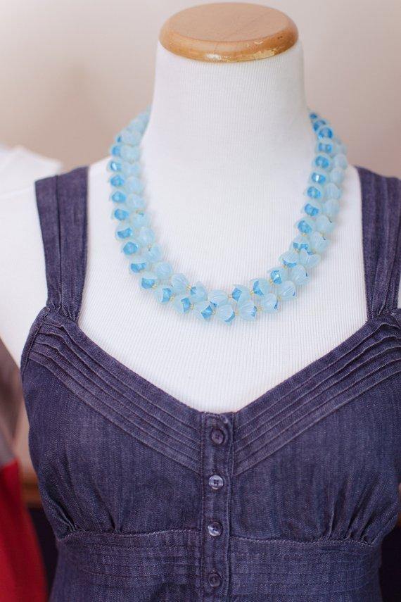 Vintage Gold Tone Blue Lucite Necklace, West Germany, Blue Lucite Flowers by 1960s - Vintage Meet Modern Vintage Jewelry - Chicago, Illinois - #oldhollywoodglamour #vintagemeetmodern #designervintage #jewelrybox #antiquejewelry #vintagejewelry