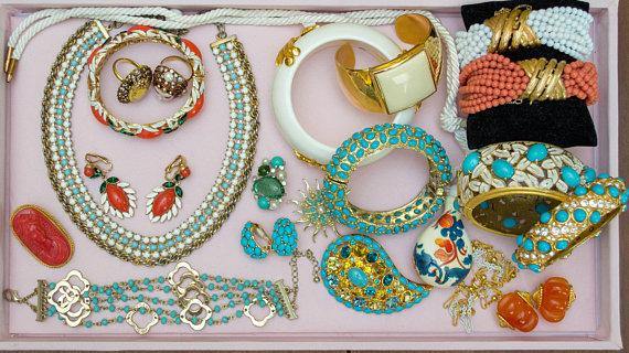 Vintage Castlecliff Brooch Emerald Turquoise Lucite, Jade Green, Faux Pearls by 1960s - Vintage Meet Modern Vintage Jewelry - Chicago, Illinois - #oldhollywoodglamour #vintagemeetmodern #designervintage #jewelrybox #antiquejewelry #vintagejewelry