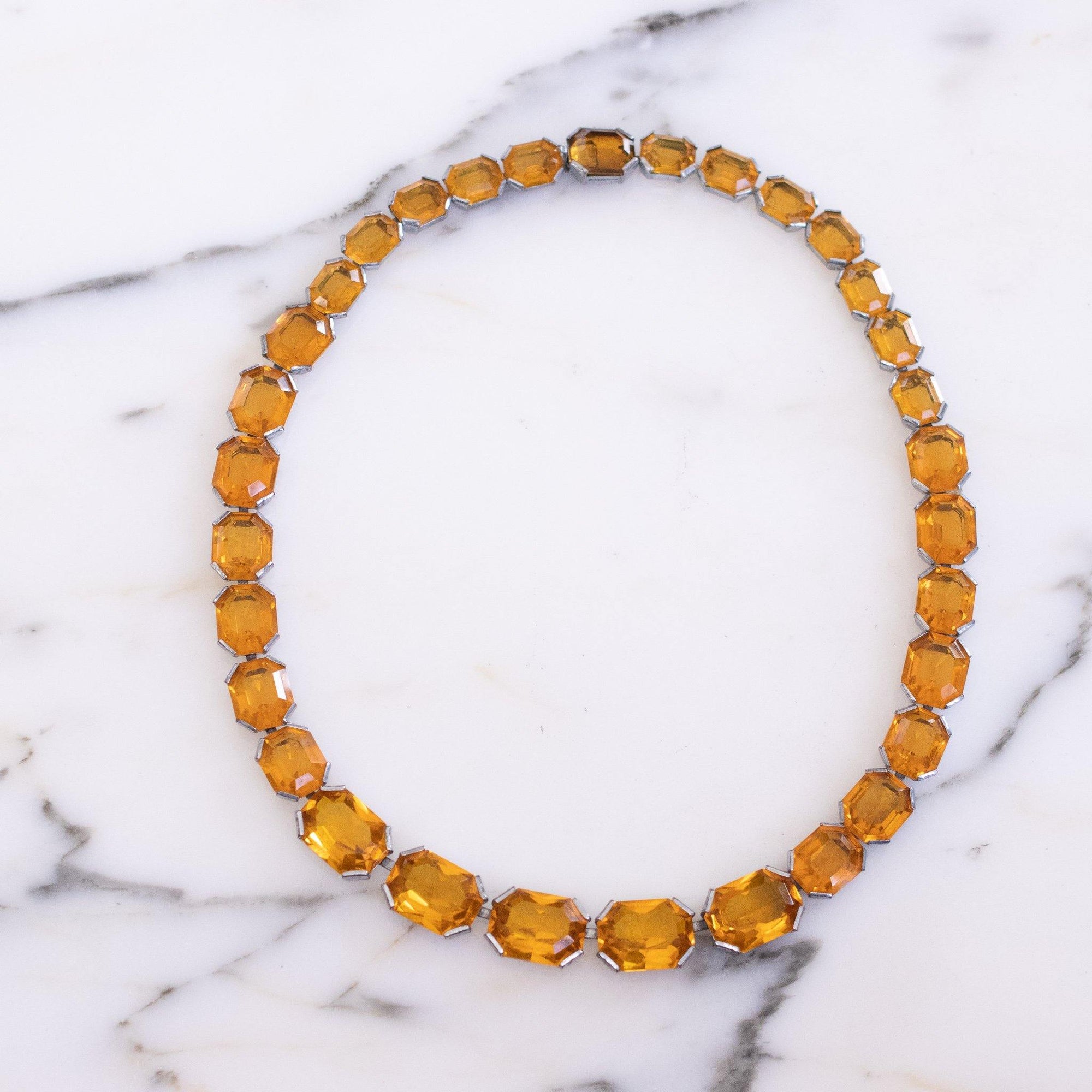 Art Deco Amber Bezel Set Emerald Cut Crystal Necklace by Vintage Meet Modern - Vintage Meet Modern Vintage Jewelry - Chicago, Illinois - #oldhollywoodglamour #vintagemeetmodern #designervintage #jewelrybox #antiquejewelry #vintagejewelry