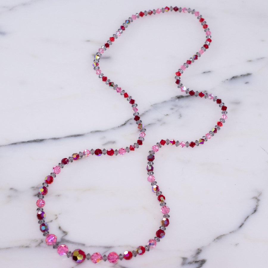 Vintage Art Deco Inspired Pink and Red Aurora Borealis Long Faceted Crystal Beaded Necklace by Austria - Vintage Meet Modern Vintage Jewelry - Chicago, Illinois - #oldhollywoodglamour #vintagemeetmodern #designervintage #jewelrybox #antiquejewelry #vintagejewelry