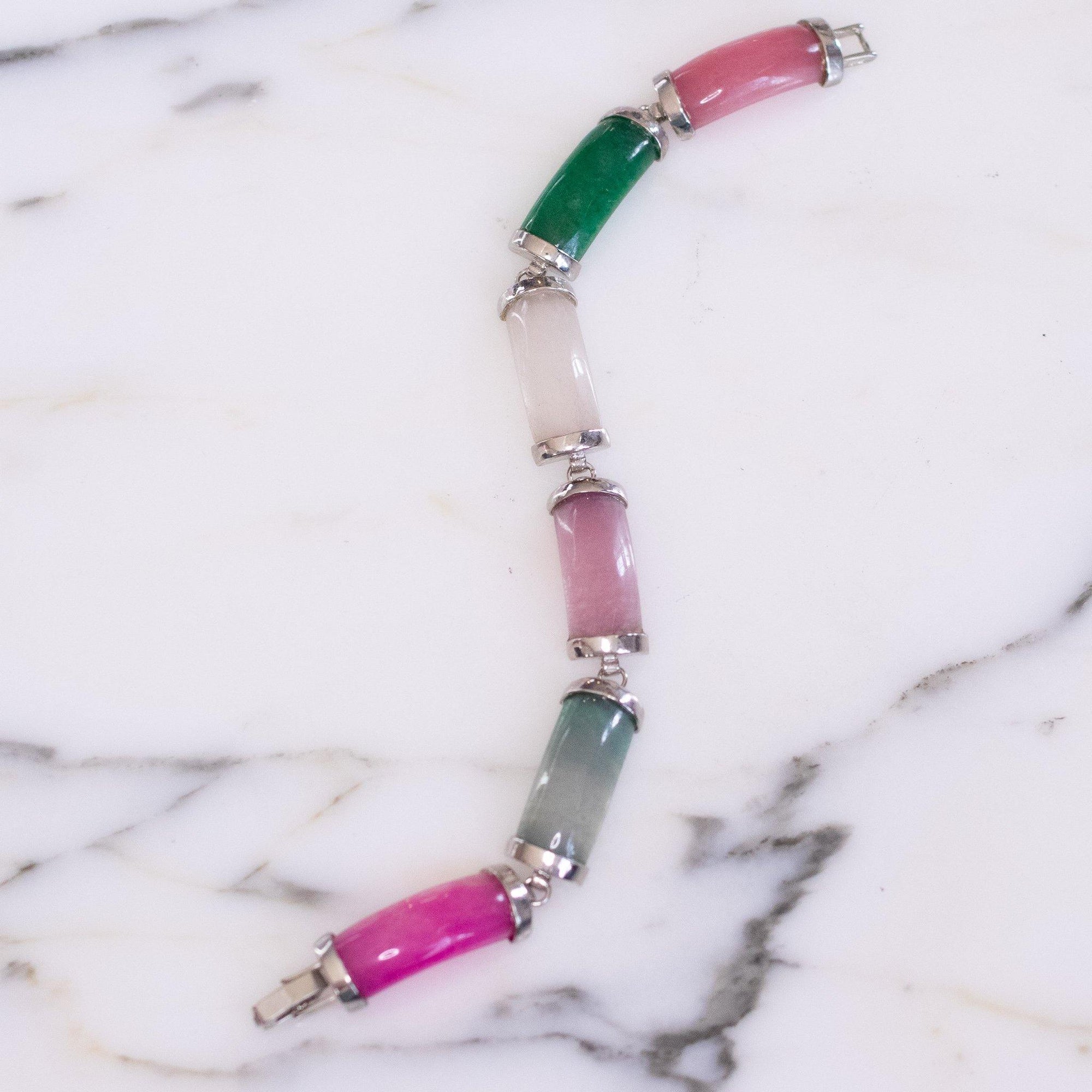 Vintage Pink and Green Jade Bracelet with Silver Tone Accents by Unsigned - Vintage Meet Modern Vintage Jewelry - Chicago, Illinois - #oldhollywoodglamour #vintagemeetmodern #designervintage #jewelrybox #antiquejewelry #vintagejewelry