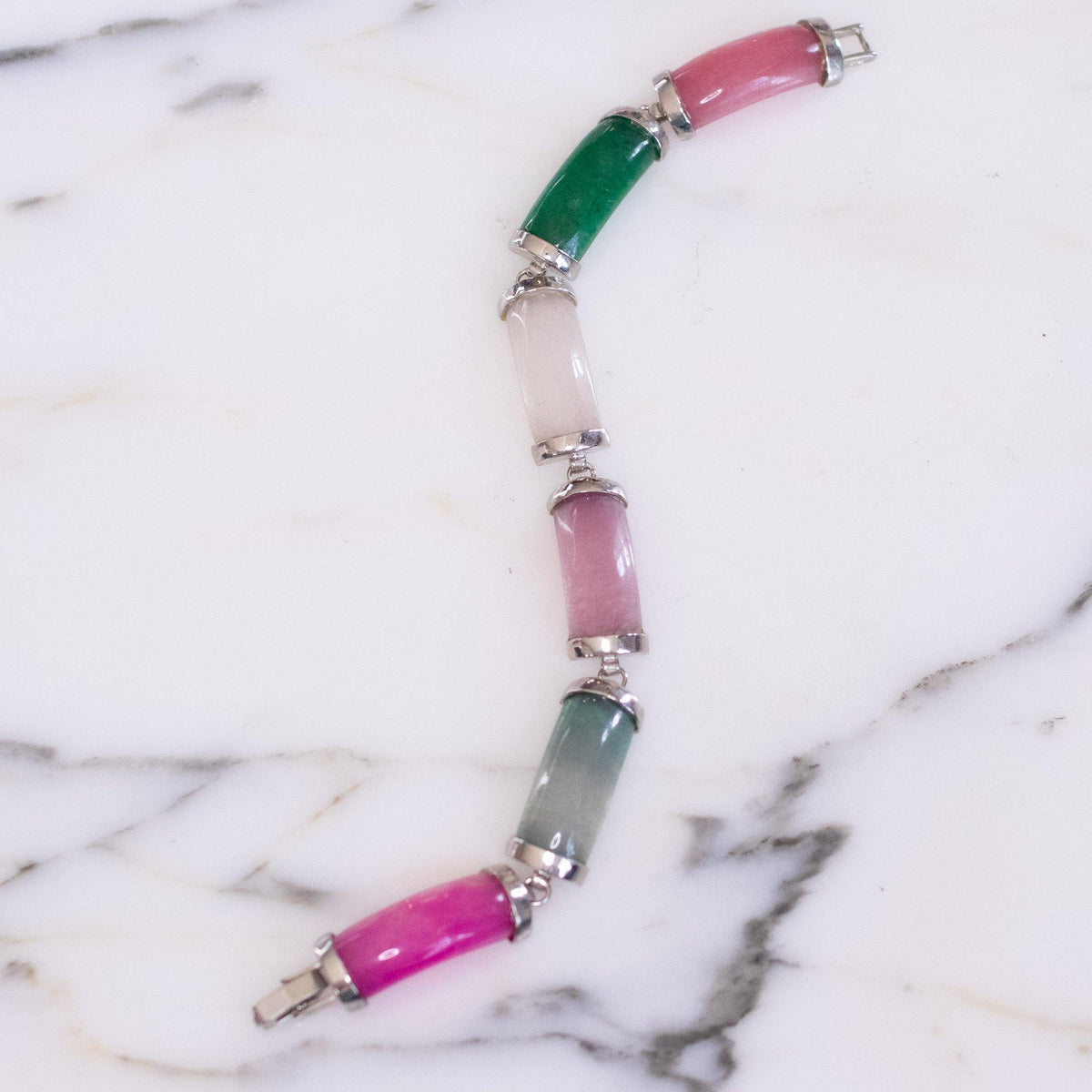 Vintage Pink and Green Jade Bracelet with Silver Tone Accents