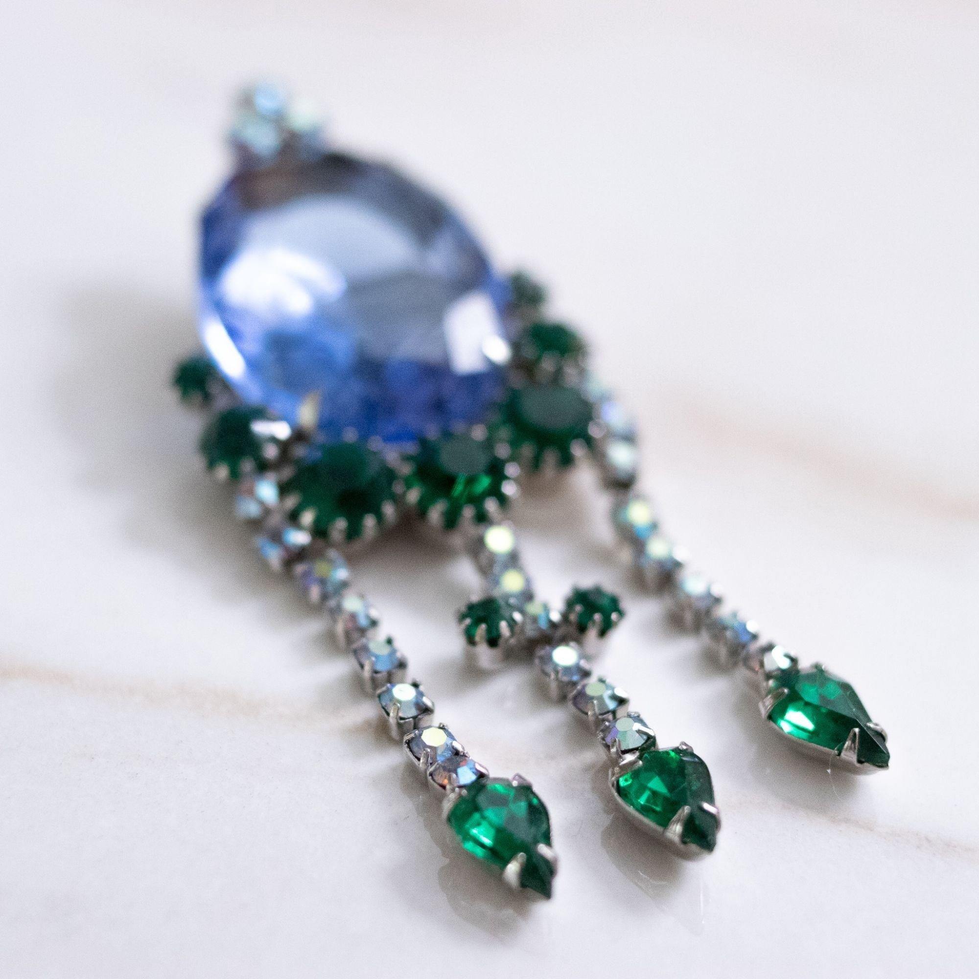 Vintage Blue Crystal Brooch with Diamante and Emerald Green Rhinestone Brooch by Unsigned Beauty - Vintage Meet Modern Vintage Jewelry - Chicago, Illinois - #oldhollywoodglamour #vintagemeetmodern #designervintage #jewelrybox #antiquejewelry #vintagejewelry