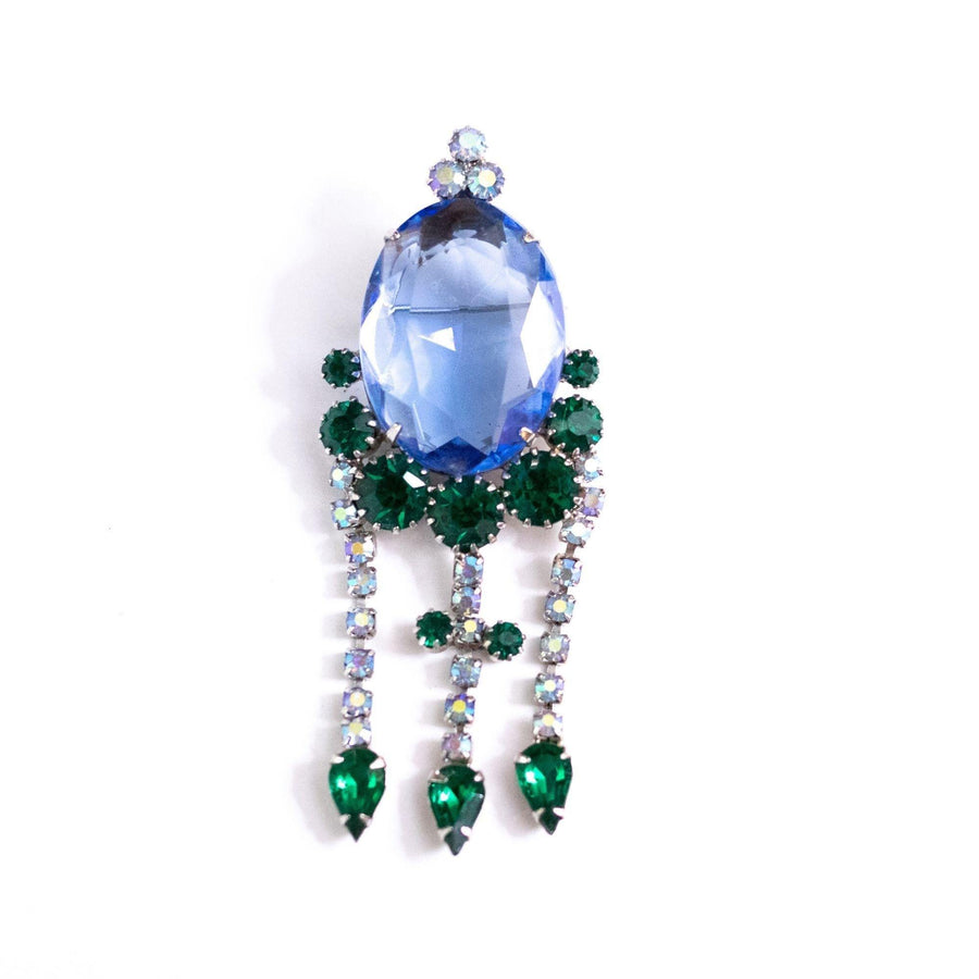 Vintage Blue Crystal Brooch with Diamante and Emerald Green Rhinestone Brooch by Unsigned Beauty - Vintage Meet Modern Vintage Jewelry - Chicago, Illinois - #oldhollywoodglamour #vintagemeetmodern #designervintage #jewelrybox #antiquejewelry #vintagejewelry