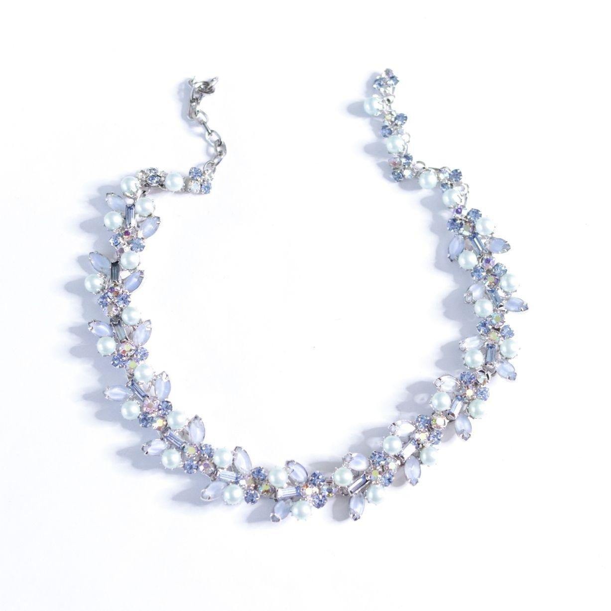 Vintage Light Blue Rhinestone and Faux Pearl Necklace by Unsigned Beauty - Vintage Meet Modern Vintage Jewelry - Chicago, Illinois - #oldhollywoodglamour #vintagemeetmodern #designervintage #jewelrybox #antiquejewelry #vintagejewelry