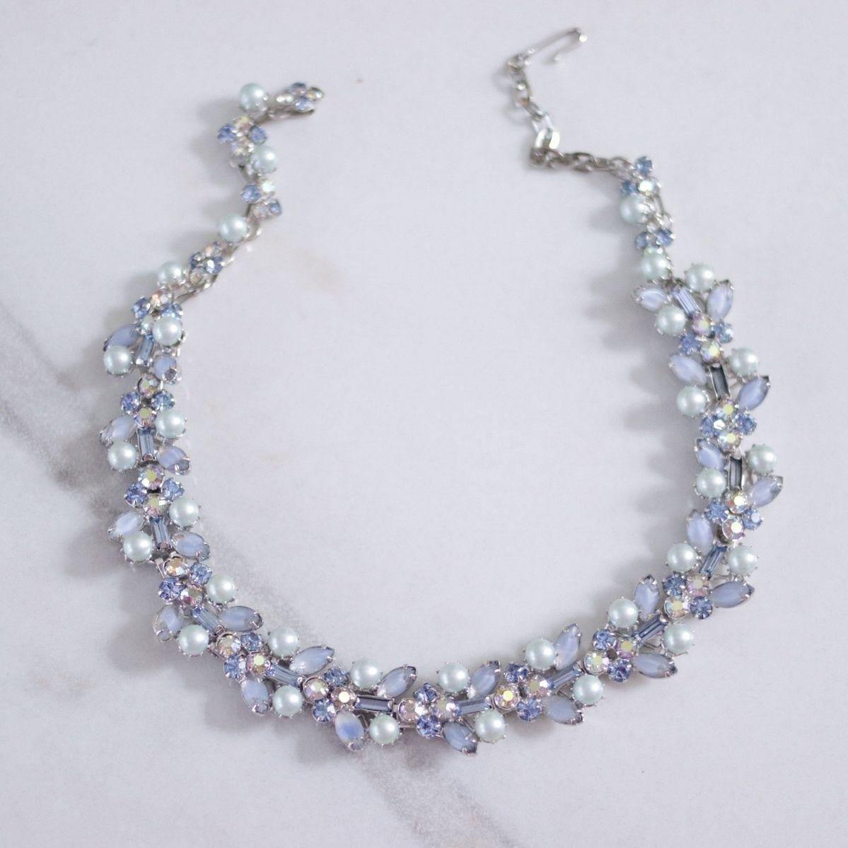Vintage Light Blue Rhinestone and Faux Pearl Necklace by Unsigned Beauty - Vintage Meet Modern Vintage Jewelry - Chicago, Illinois - #oldhollywoodglamour #vintagemeetmodern #designervintage #jewelrybox #antiquejewelry #vintagejewelry