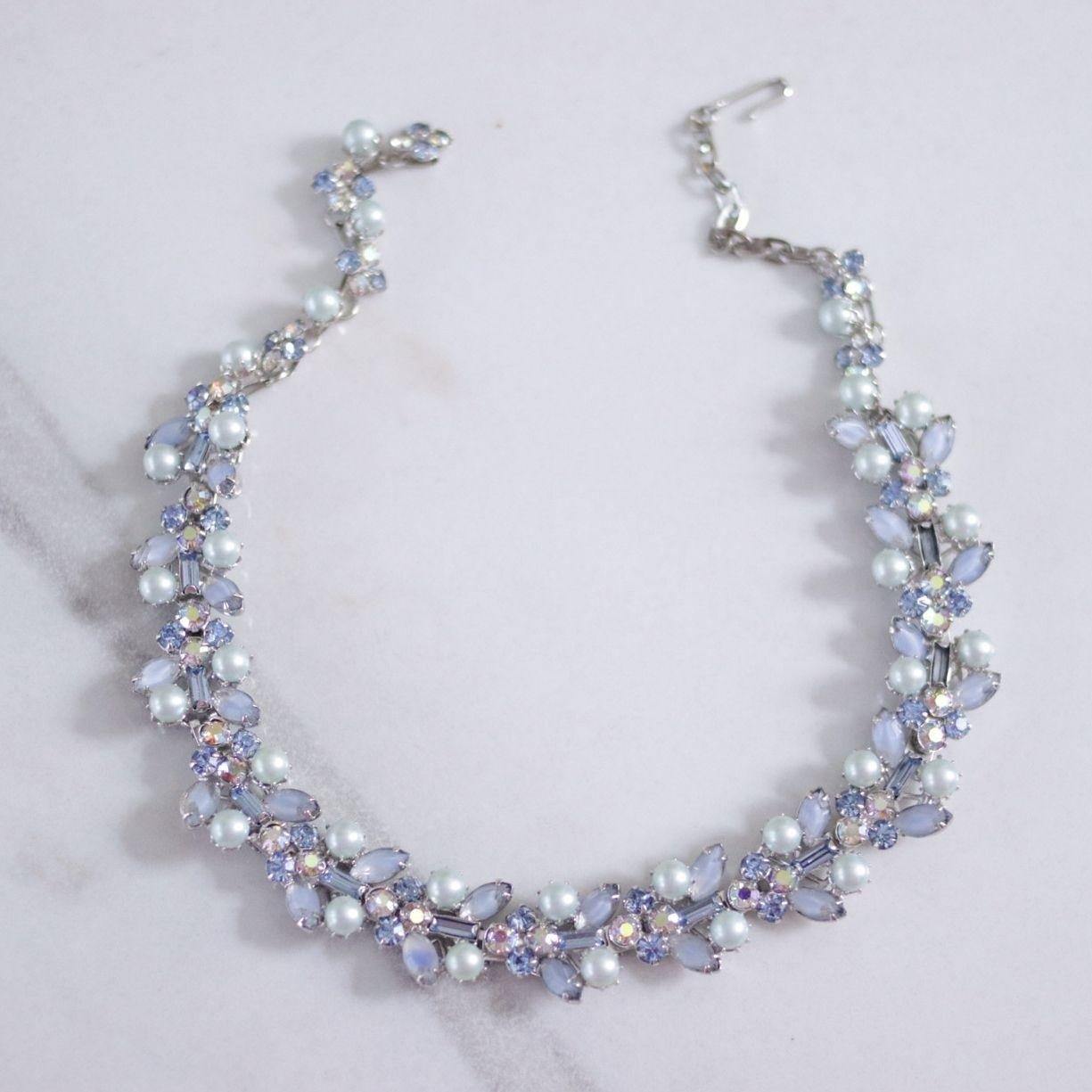 Vintage Light Blue Rhinestone and Faux Pearl Necklace by Unsigned Beauty - Vintage Meet Modern Vintage Jewelry - Chicago, Illinois - #oldhollywoodglamour #vintagemeetmodern #designervintage #jewelrybox #antiquejewelry #vintagejewelry