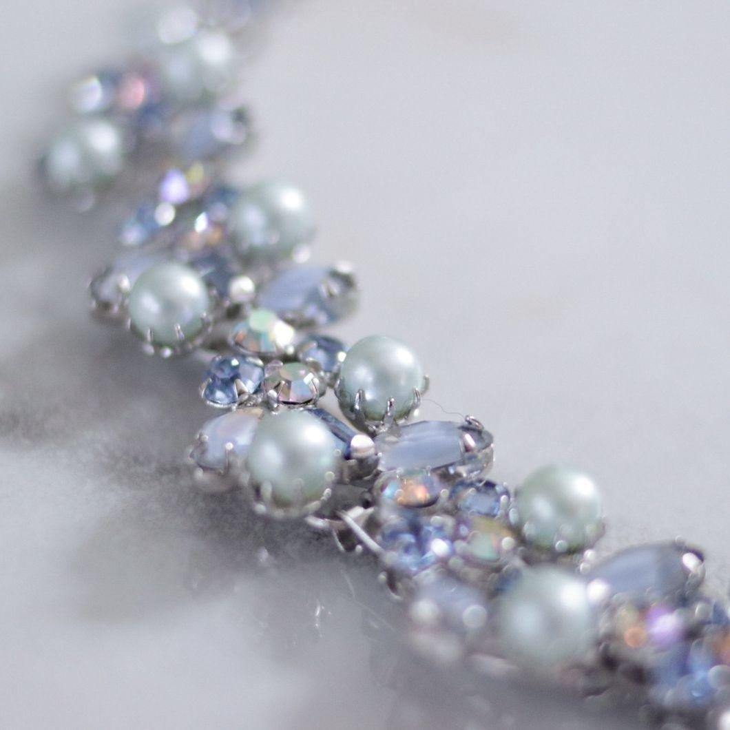 Vintage Light Blue Rhinestone and Faux Pearl Necklace by Unsigned Beauty - Vintage Meet Modern Vintage Jewelry - Chicago, Illinois - #oldhollywoodglamour #vintagemeetmodern #designervintage #jewelrybox #antiquejewelry #vintagejewelry