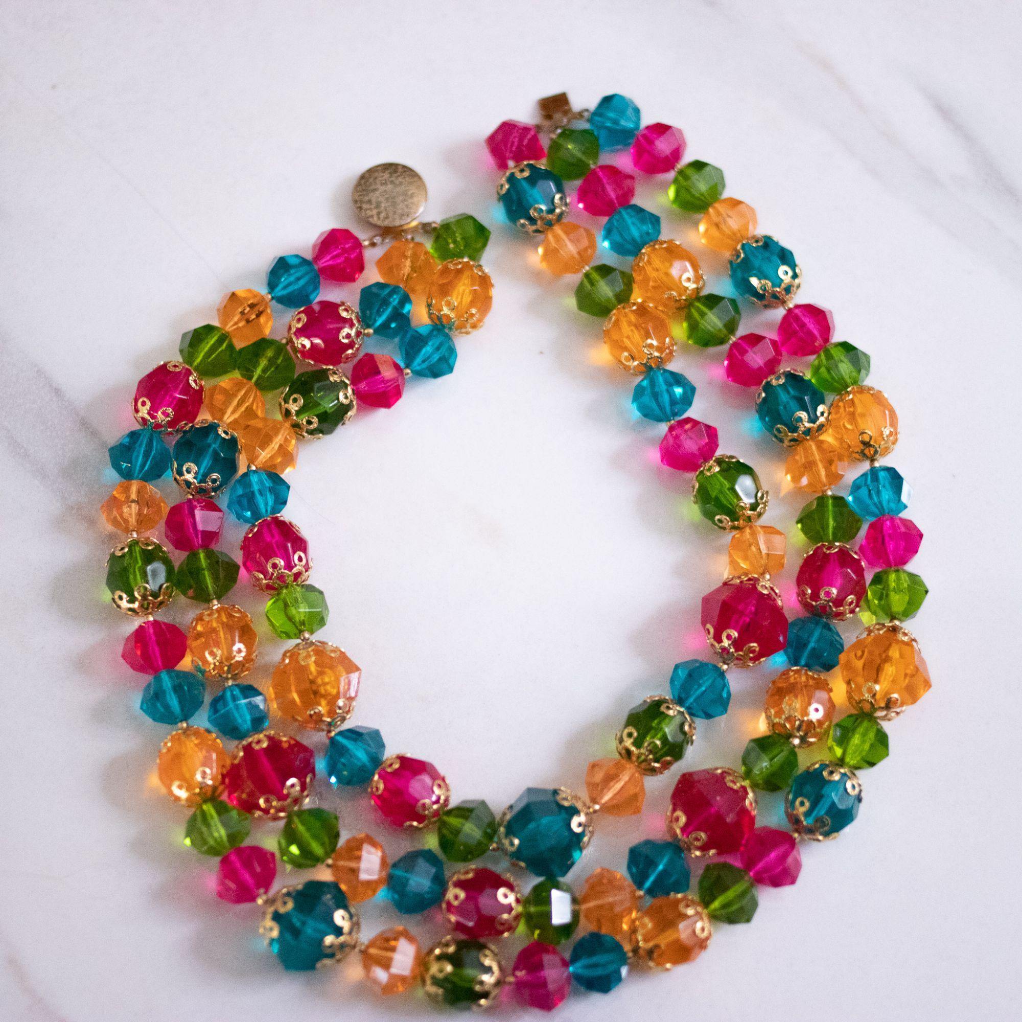 Vintage Chunky Lucite Jewel Tone Triple Strand Necklace by Unsigned Beauty - Vintage Meet Modern Vintage Jewelry - Chicago, Illinois - #oldhollywoodglamour #vintagemeetmodern #designervintage #jewelrybox #antiquejewelry #vintagejewelry