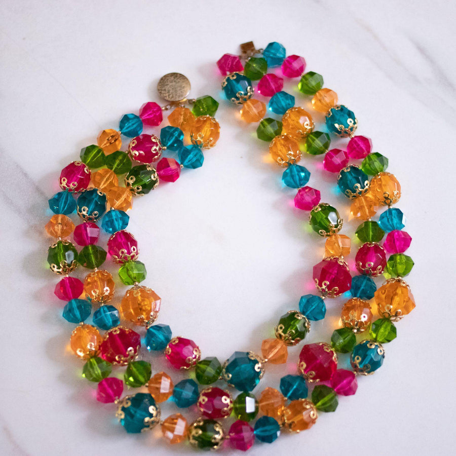 Vintage Chunky Lucite Jewel Tone Triple Strand Necklace by Unsigned Beauty - Vintage Meet Modern Vintage Jewelry - Chicago, Illinois - #oldhollywoodglamour #vintagemeetmodern #designervintage #jewelrybox #antiquejewelry #vintagejewelry