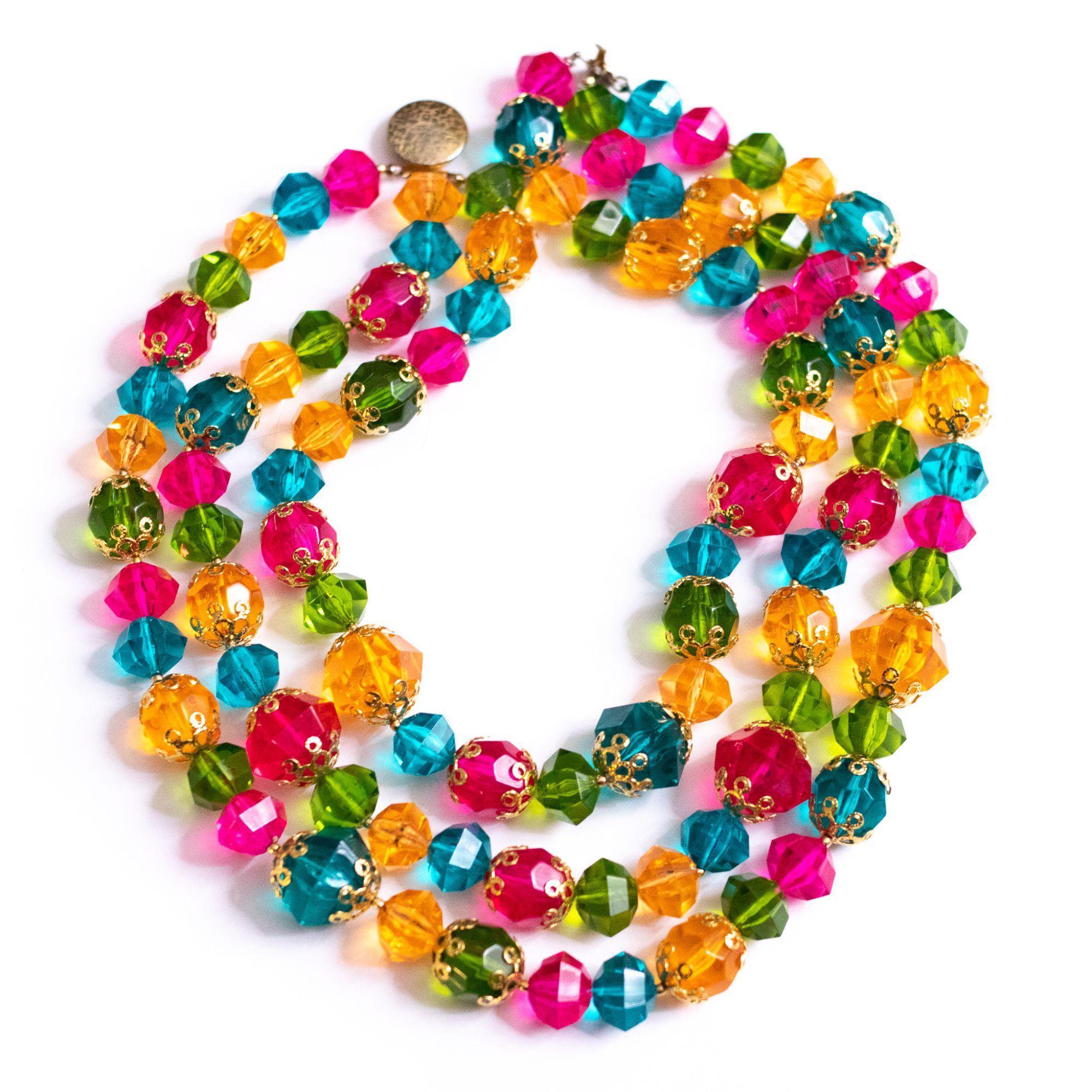 Vintage Chunky Lucite Jewel Tone Triple Strand Necklace by Unsigned Beauty - Vintage Meet Modern Vintage Jewelry - Chicago, Illinois - #oldhollywoodglamour #vintagemeetmodern #designervintage #jewelrybox #antiquejewelry #vintagejewelry